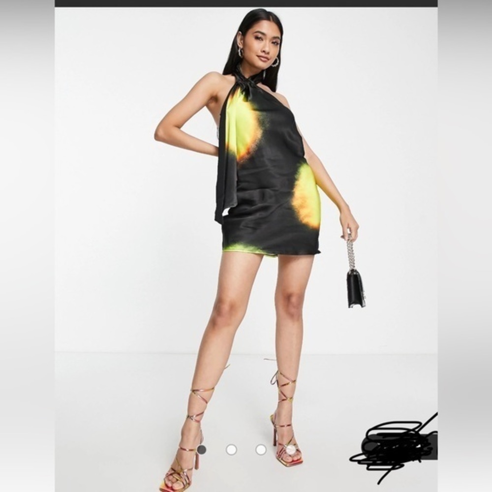 Topshop eclipse satin mini halter tie neck dress in black, size 6, $79.99